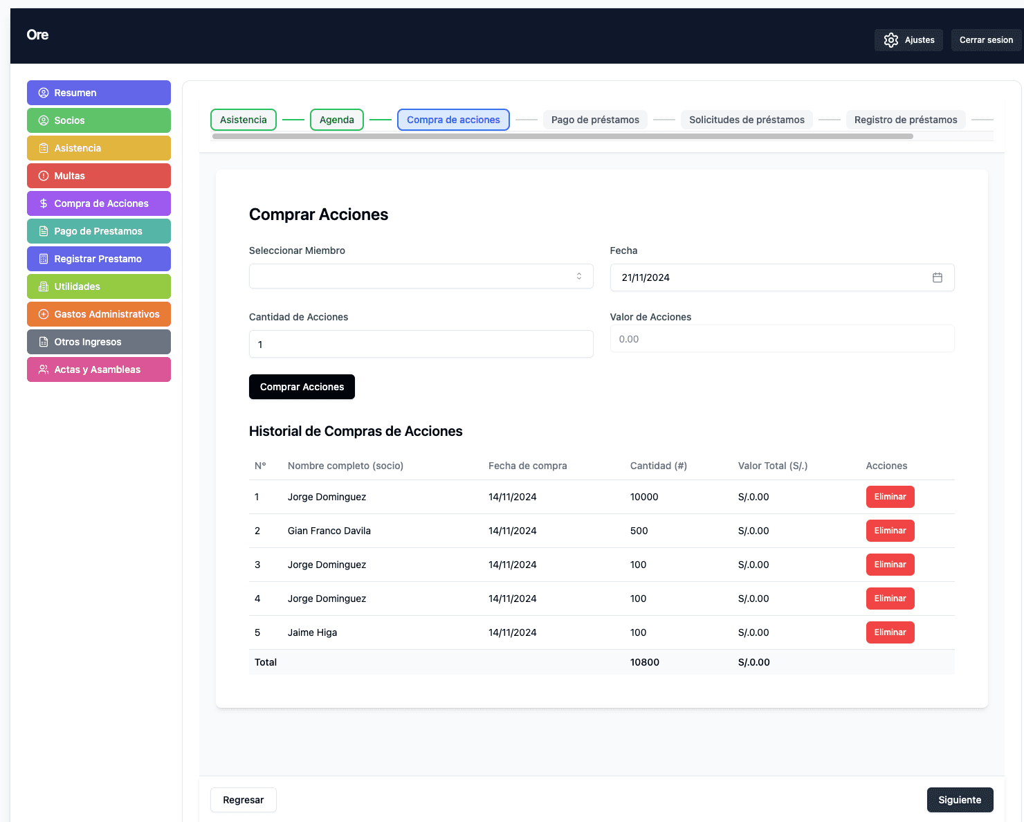 Contains fields for selecting member, date, quantity of shares, and share value. Shows purchase history table with previous transactions