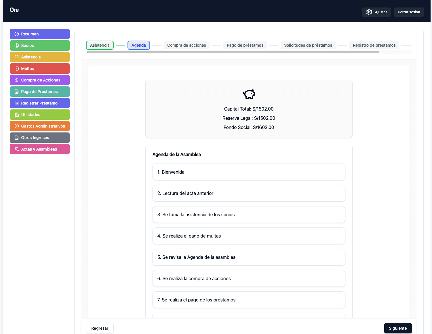 Shows assembly agenda with capital information at top